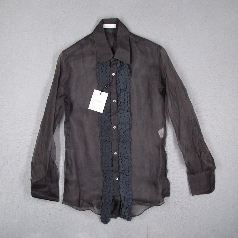 Costume National Mens Silk Sheer Ruffle Bib Shirt Dark Grey Made in Italy 44 NEW